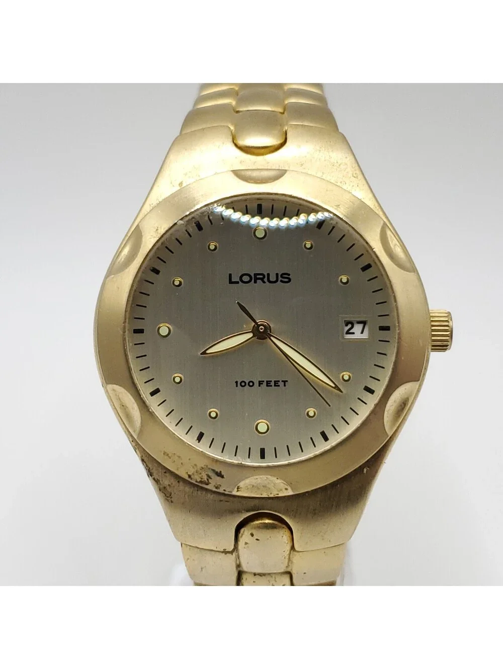 Lorus Diver Style Women Watch New Battery Gold Tone Date Dial 34mm